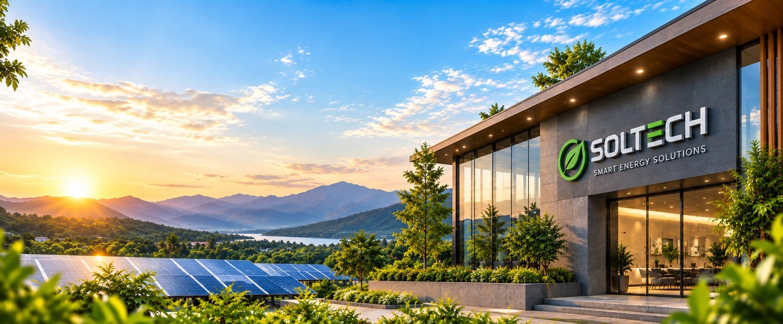 Soltech Power Solutions office with a ground-mounted solar array at sunrise