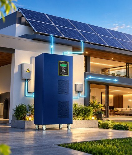 Hybrid solar system: rooftop panels feeding a battery inverter, with grid backup