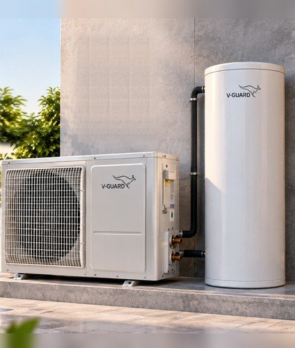 V-Guard heat pump water heater with outdoor unit and storage tank