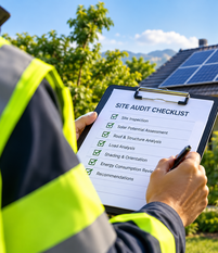 Soltech engineer completing a rooftop site audit checklist