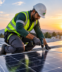 Technician fixing solar panels to a rooftop mounting rail