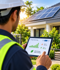 Engineer checking energy monitoring data after commissioning