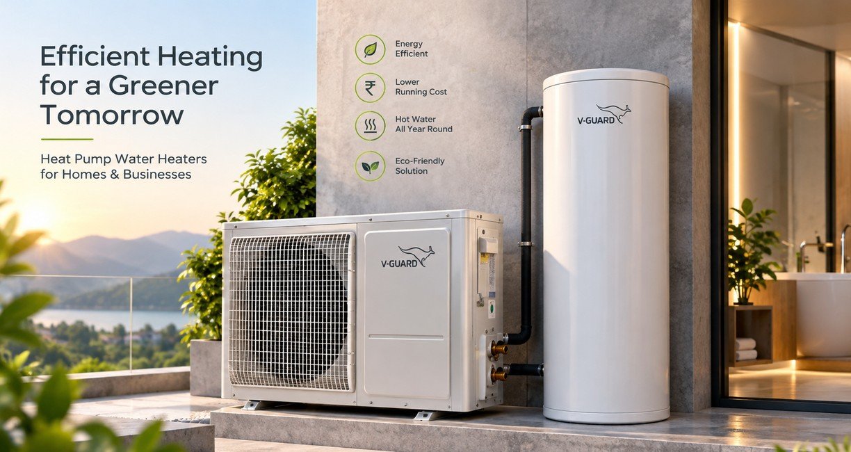 V-Guard heat pump water heater outdoor unit and storage tank, supplied and installed by Soltech Power Solutions