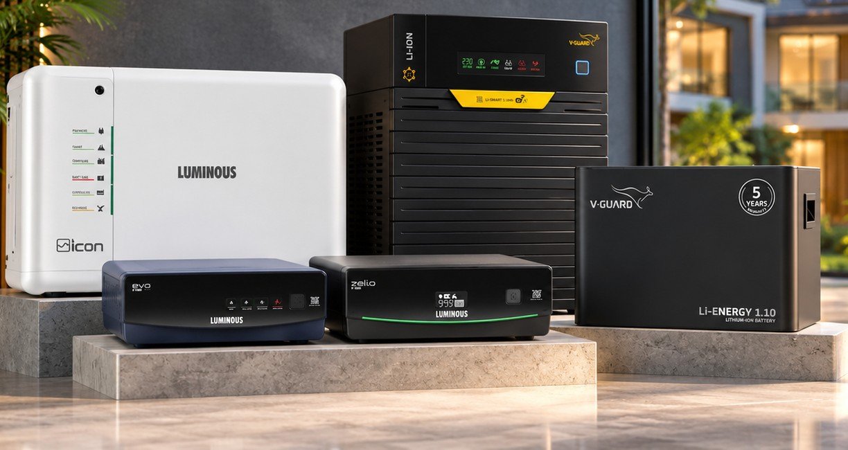 Luminous and V-Guard home inverters with a V-Guard lithium-ion battery, supplied and installed by Soltech Power Solutions
