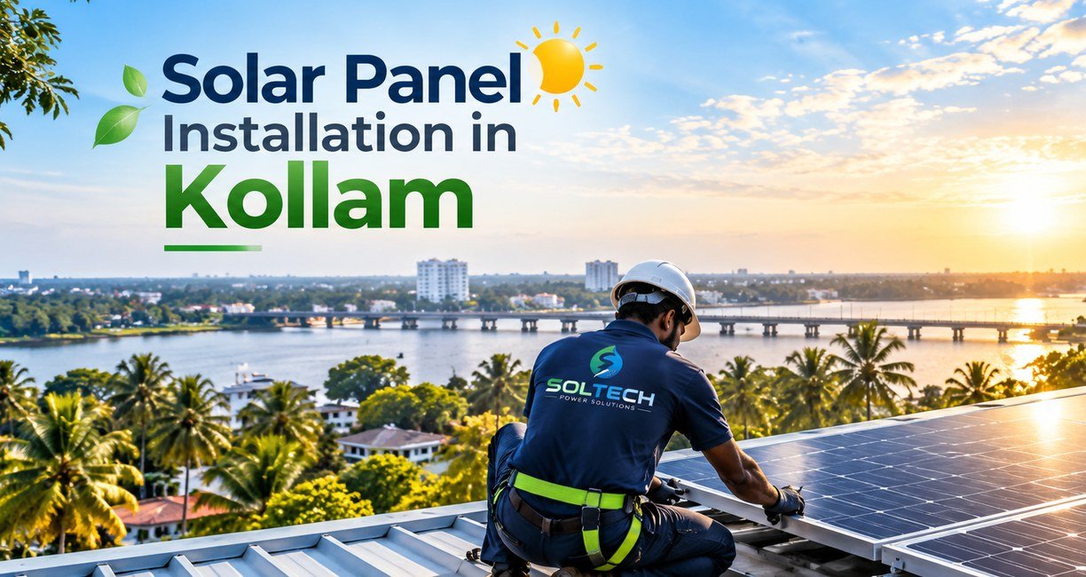 Soltech Power Solutions technicians installing solar panels on a rooftop above Kollam, overlooking Ashtamudi lake at sunset