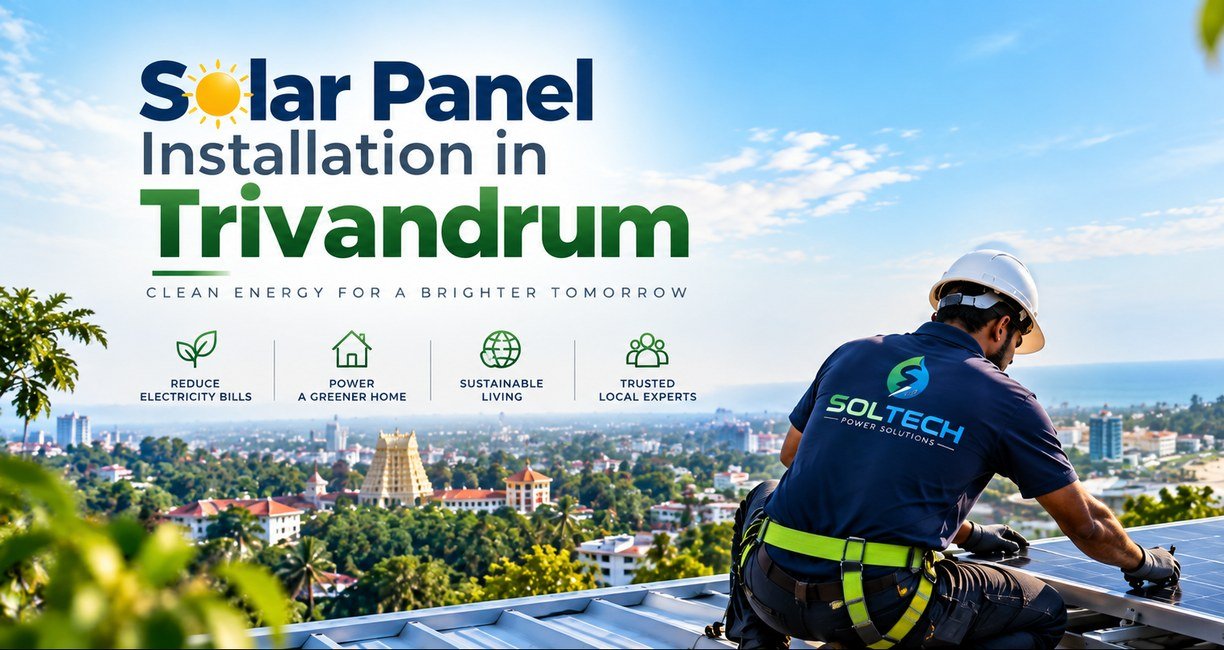 Soltech Power Solutions technician installing solar panels on a rooftop above Trivandrum, with the Padmanabhaswamy temple and Kovalam coast behind