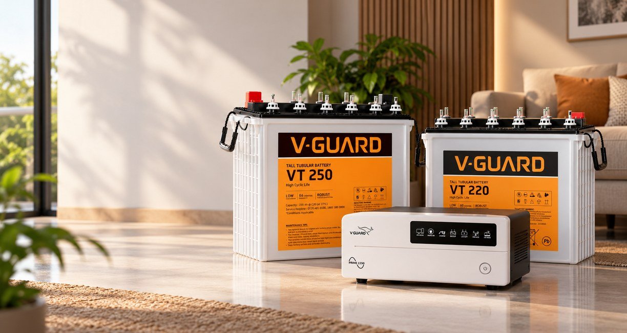 V-Guard tall tubular inverter batteries with a V-Guard home inverter, supplied and installed by Soltech Power Solutions