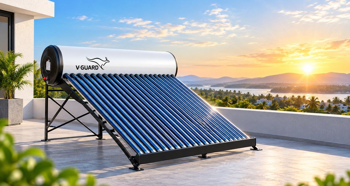 V-Guard evacuated tube solar water heater installed on a Kerala terrace at sunset