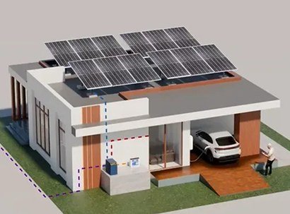 Hybrid solar system layout with rooftop panels, inverter and battery backup